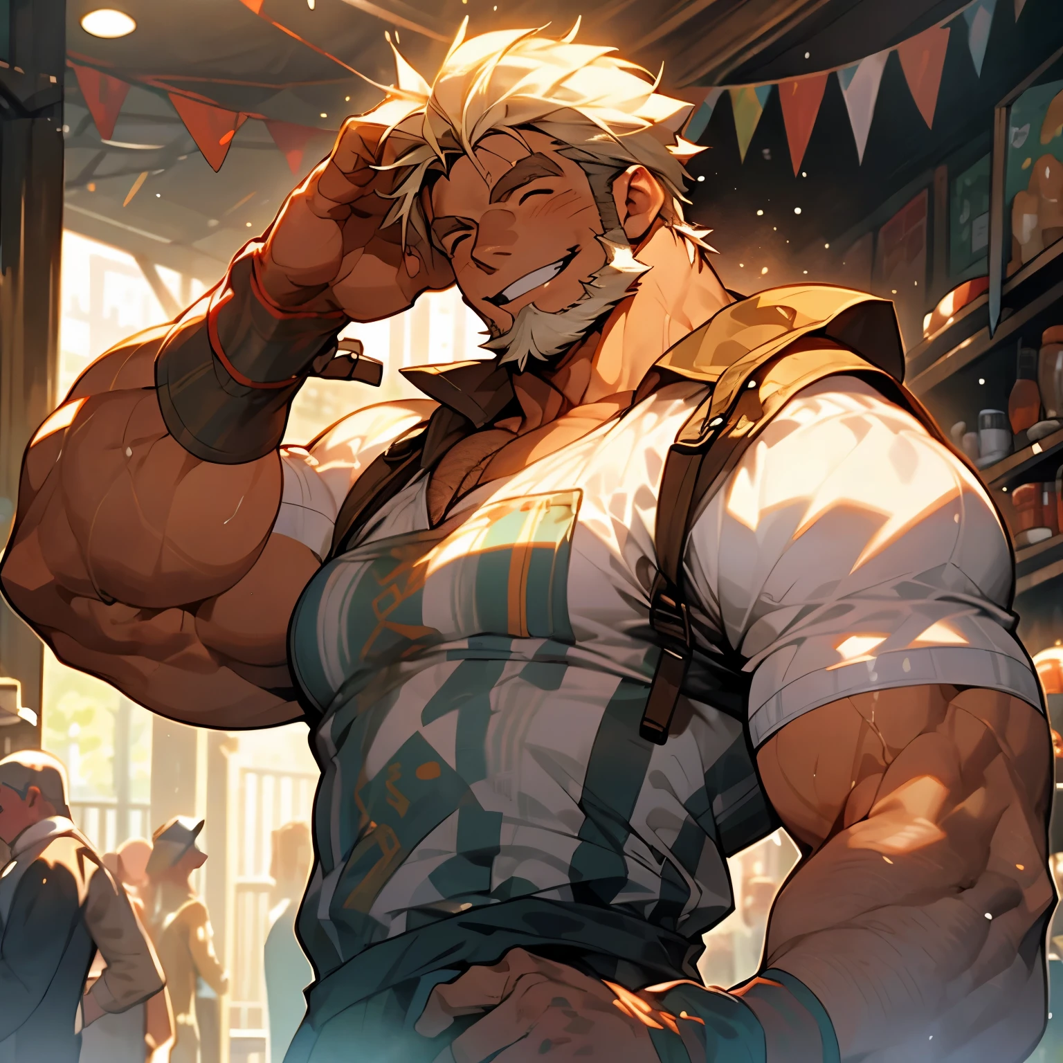 Create a warm and friendly scene of a robust character, com cerca de 45 anos, sorrindo feliz em sua barraca de queijo, leite e derivados. Este personagem tem cabelos longos e brancos, uma leve barba, and wears a jumpsuit that highlights his muscles. Capture the welcoming atmosphere and joy of the protagonist as he shares his passion for dairy with stall visitors, homem,