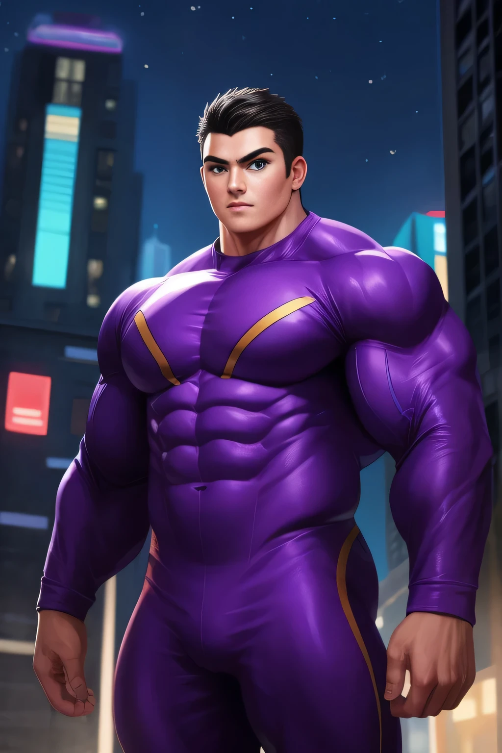 Competitive teen bodybuilder pro, nj5pielry, (human boy, Massive, manly, huge, muscular, Gigachad), boy, very attractive boy, mexican ethnicity. TEEN , TEEN. ((Extremely realistic shadows, Masterpiece, extremely detailed, photorealistic)), human, hornless, mischievous expression, Without beard, white teeth, ((Detailed face)) nose, brown eyes, ((detailed eyes, delicate eyes, realistic eyes)), tanned skin. Conan Exiles Style, standing front, young superhero (young face) ready to fight, top rated pixiv, wears a Bodysuit, chiseled abs, chiseled pecs, 470 kgs, front view, even shoulders, perfect massive muscles, inflated muscles, voluminous pectorals, massive muscular body, a huge gigantic chest with a narrow waist, huge shoulders, ridiculously well-shaped large pecs, eight chiseled abs, arms thick as trunks and formidable thighs. (very toned and huge) hhis ridiculously broad shoulders, his absurdly wide back and his indecently muscular backs of arms, thick and defined thighs, huge and very voluminous and bulging pectorals; A muscular bodybuilder in the making. A potential competitive bodybuilder. Even the back of his head was hot, with his jet black military haircut and voluminous neck, narrow waist, superhero, Jet Black hair, military haircut, white sclera, blue eyes, no horns, d&d character, brave superhero, human, handsome face, young. City background, skyscraper, futuristic city, night, stars, night lights, skill image, looking to the viewer, hero whose presence inspires trust and respect. (((His hero suit is white and purple.)))