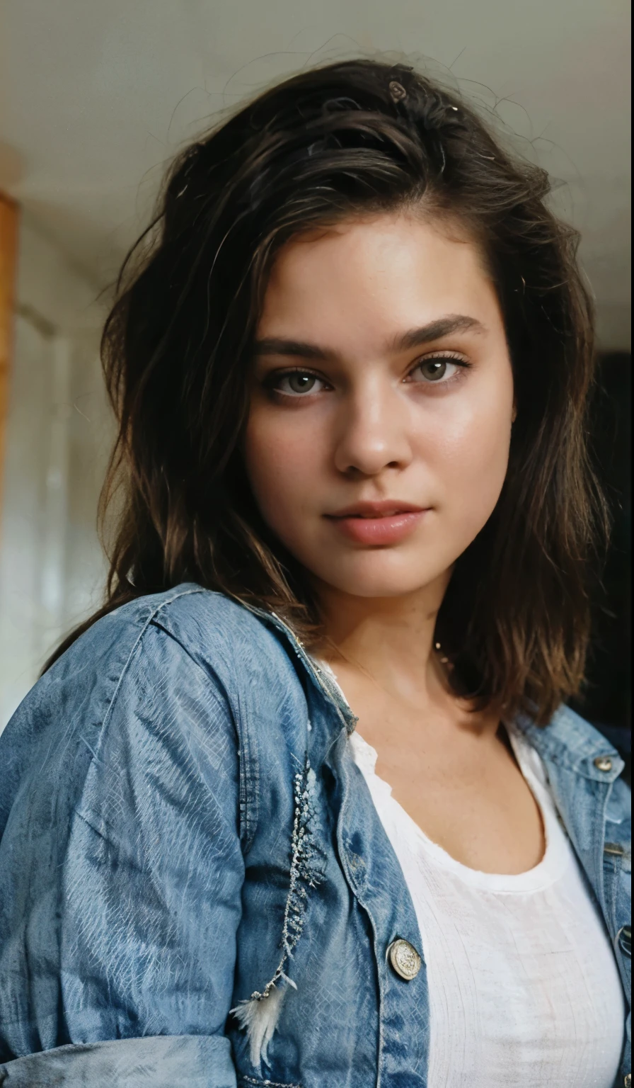 Buetifull girl from the 90s, 90s styled womens hair, wearing jean jacket, wearing jeans, yountg, 90s styled hair, close up of face, highschool yearbook photo, strong jaw line, dimples, hair parted to the side, shag haircut, curvy body, plump ass, medium sized breasts, looking straight foward at camera, close up of face, close up of face, close up of face,