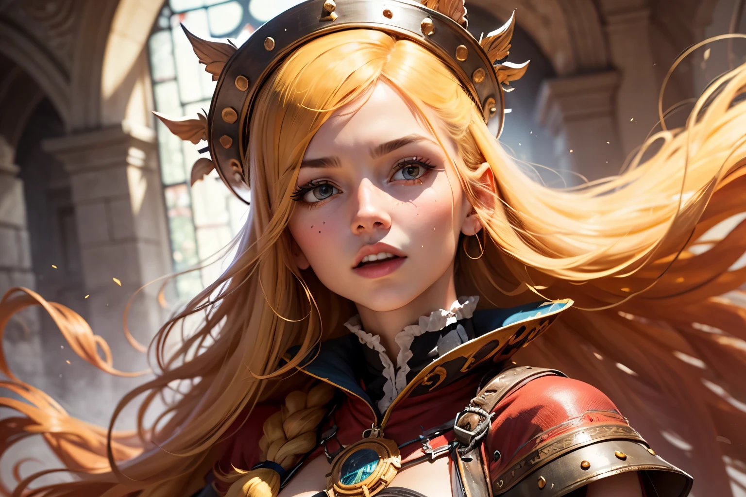 litlee queen, dress red, yellow hair, medieval fantasy, 8k best quality, realistic anime. --auto --s2