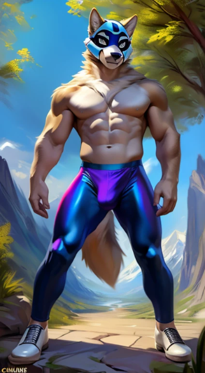 solo, wolf, male, buff muscular, yellow-beige wolf, hi res, soft shading, ( detailed fur 1.1 ), (grin expression), ( solo 1.1) (detailed), (masterpiece: 1.2), ( full body head to toe show), wearing an full head and face coverage ocean-blue spandex mask, (ears spandex shape on mask), ( white eyes on mask), (full spandex lycra mask), (detailed mask: 1.1), fully nude, erect penis, (penis), (naked), shoe_only, (shiny purple dress shoes: 1.1) front view, looking at the viewer, at forest mountain, by chunie