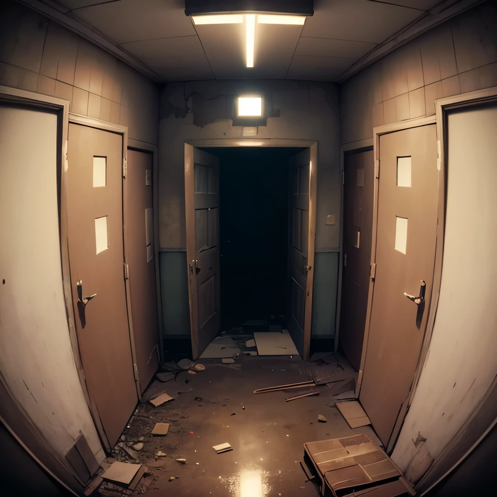 create a creepy door in the night, silent hill atmosphere, fish eye camera ,atmospheric camera, POV vision, empty, abandoned school, ruined forniture, dark background, no lights, night, dirty. 8k, realistic , very detailed, sharp focus, top quality, masterpiece, photographic,