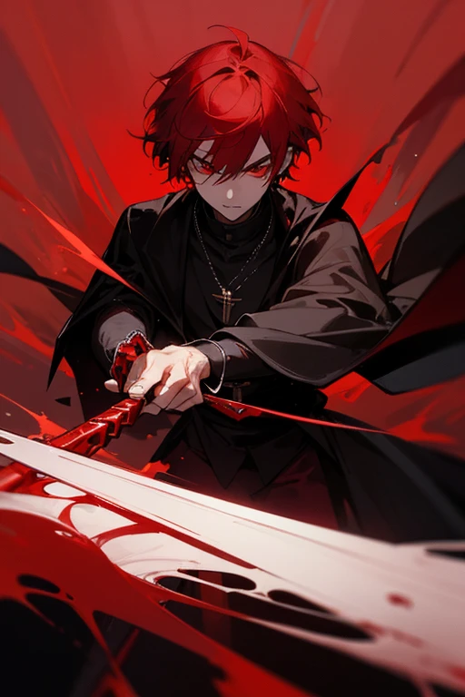 ultra-detailed, vampire, male, red eyes, red hair, short hair, wears a black outfit with red adornments, wears a necklace with a rosary, wears a black cape with red adornments, in his hand is a blood sword , the cloth is a crimson sky, a face, ethereal lighting, mystical atmosphere, vibrant colors