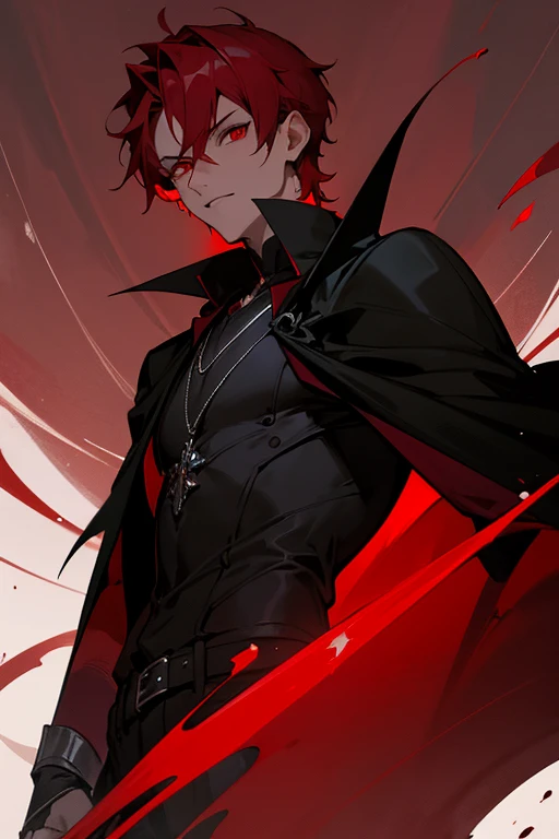 ultra-detailed, vampire, male, red eyes, red hair, short hair, wears a black outfit with red adornments, wears a necklace with a rosary, wears a black cape with red adornments, in his hand is a blood sword , the cloth is a crimson sky, a face, ethereal lighting, mystical atmosphere, vibrant colors