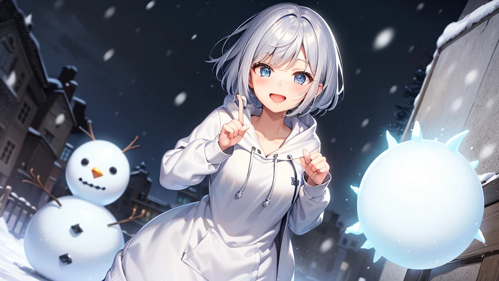 (muste piece: 1.2, highest quality), 1 female, alone, silver hair,show your shoulders,very short hair, long bangs between eyes, blue eyes,eyes are black, hoodie,gray hair, silver hair, hoodie, 白いフードhoodie、snow scene、laughter、Build a snowman、open your mouth、five fingers、it&#39;s snowing