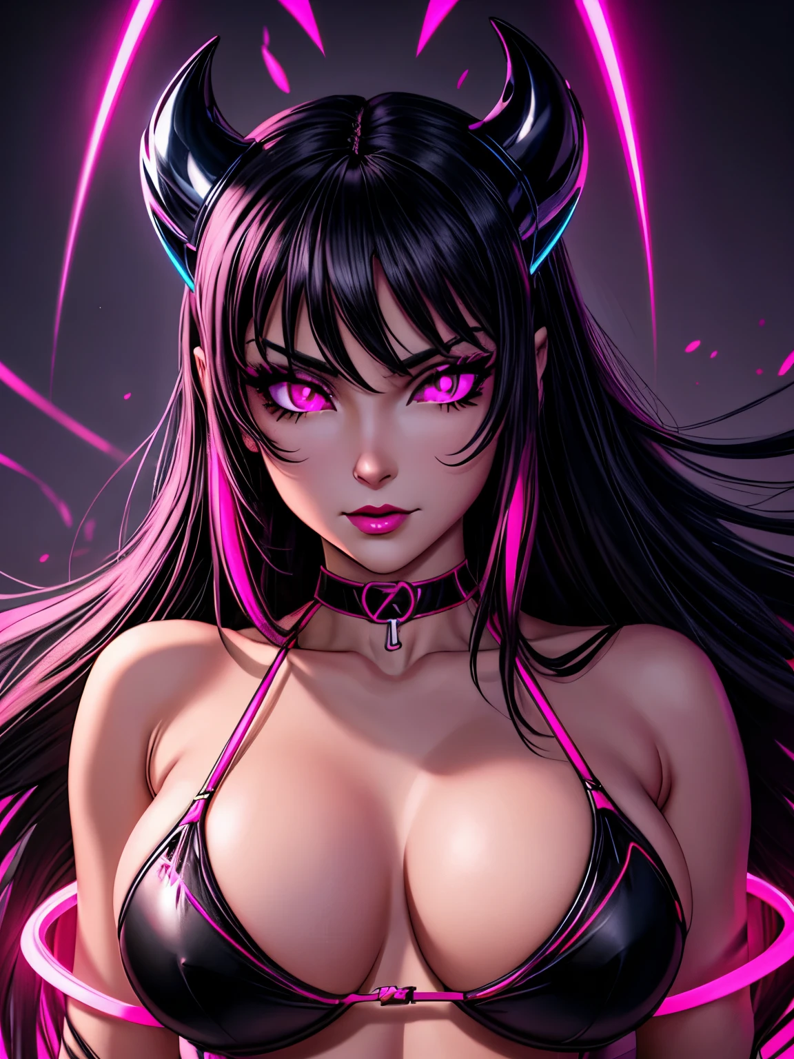 ((ultra quality)), ((masterpiece)), demon girl, short stature, (retro wave стилистика), (neon), ((black long hair with neon color)), (Beautiful face), (demonic horns with a white halo above the head), (beautiful female lips), (), charming, ((sexy facial expression)), looks at the camera, eyes slightly open, (skin color dark gray), (gray skin), glare on the body, ((detailed beautiful female eyes)), ((pink neon eyes)), (juicy female lips), (dark makeup, dark eyeliner, dark lipstick), (beautiful female hands), ((ideal female figure)), ideal female body, beautiful waist, gorgeous thighs, beautiful medium breasts, ((subtle and beautiful)), sexy worth (), (pink neon bikini, pink neon choker) background: neon lightning, retro wave, ((depth of field)), ((high quality clear image)), (clear details), ((high detail)), realistically, professional photo session, ((clear focus)), anime