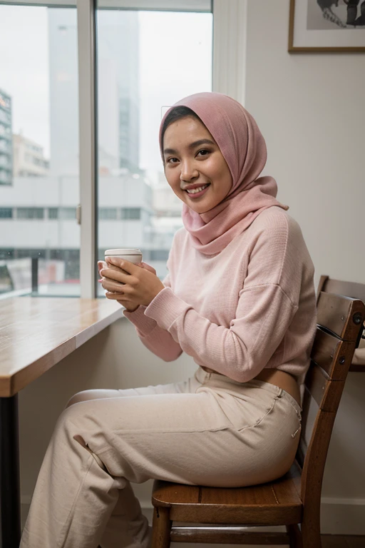 young Malay women, wearing pink full covered hijab, white loose sweater and long loose trousers, sitting and relaxing, enjoying coffee in a classy cafe, smiling.