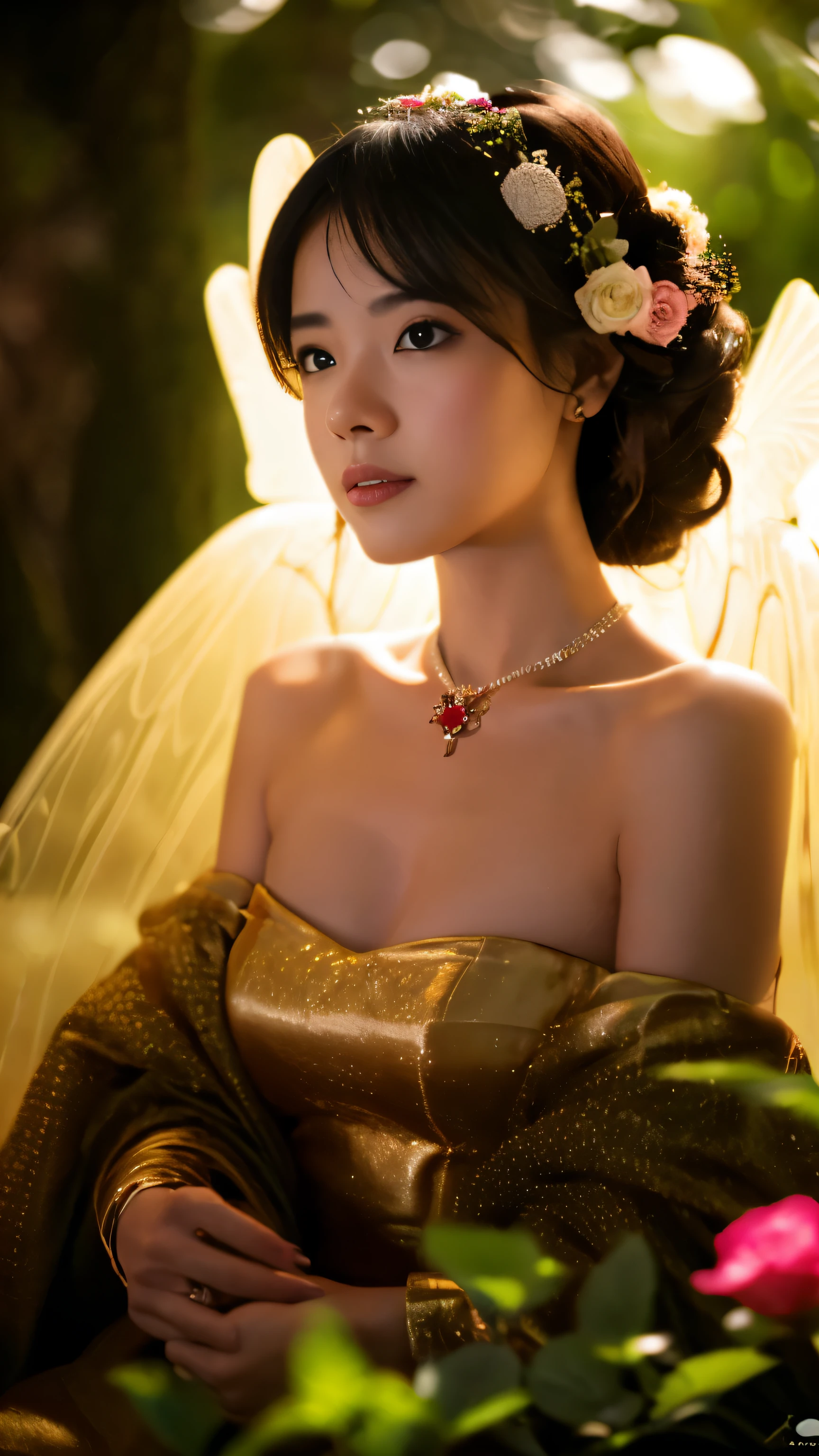 Rose Leslie Woman as a Fairy,(very detailed:1.2),(highest quality:1.2),(8K:1.2),sharp focus,(Subsurface scattering:1.1),Award-winning photo,professional portrait photo,(close shot:1.1) (glowing bioluminescent forest:1.2),rainbow fairy wings (very detailed背景:1.2),(magical fantasy:1.0), (knollingcase:1.1),(analog style:1.1),(fantasy-style:1.2),dramatic lighting