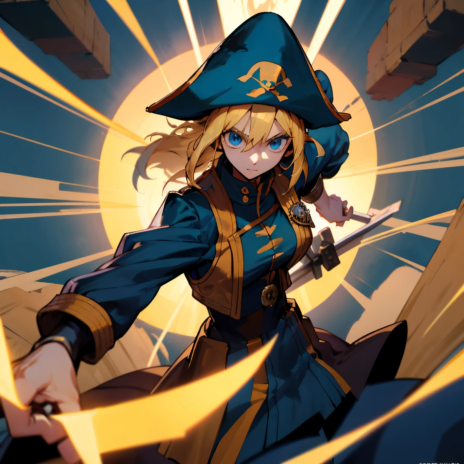 Produce an illustration of a daring buccaneering pirate of approximately 35 years old in anime style. She sports flowing blonde hair, wears an imposing pirate hat and holds typical pirate weapons in both hands. Destaque a personalidade destemida da personagem, incorporando elementos do universo RPG para criar uma cena envolvente