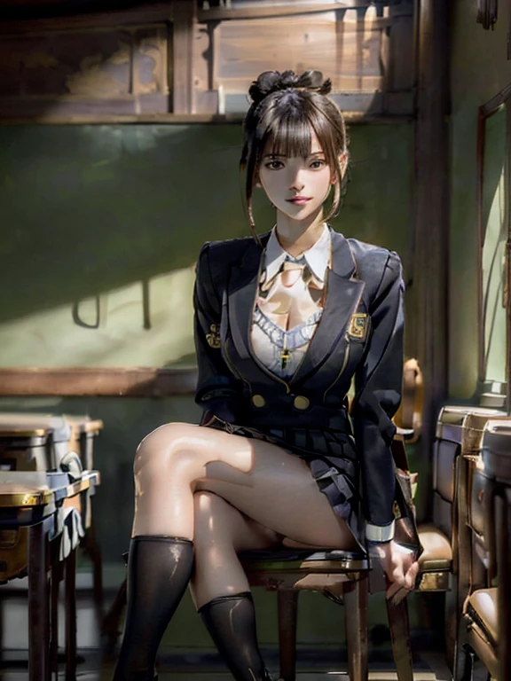top quality, 32K, masterpiece, (raw photography, photorealistic:1.1), authentic, extremely detailed, (intricately detailed face, ultra-realistic skin texture:1.3), professional photo, professional lighting, depth of field, sharp focus, POV, (from front view, correct anatomy:1.5), 1 girl, Japanese teen, 17 years old, solo, full body shot, black hair, (SINGLE hair bun:1.5), highly detailed skin, shiny skin, dark and bright eyes, fairly detailed nose and lips, (light smile:1.3), ((sitting on a chair, crossed leg:1.5)), ((school uniform:1.4)), ((black tights:1.3)), (slender, beautiful breast:1.4), (beautiful body, perfect body:1.5), (((indoor, classroom, school:1.1)))