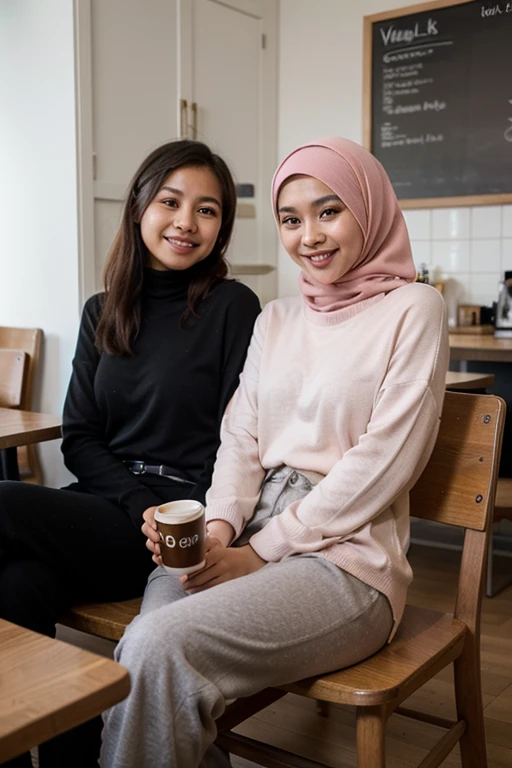 young Malay women, wearing pink full covered hijab, white loose sweater and black long slacks, sitting and relaxing, enjoying coffee in a classy cafe, smiling.