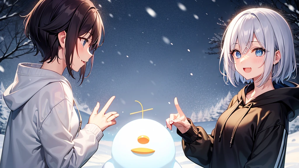 (muste piece: 1.2, highest quality), 1 female, alone, silver hair,show your shoulders,very short hair, long bangs between eyes, blue eyes,eyes are black, hoodie,gray hair, silver hair, hoodie, 白いフードhoodie、snow scene、laughter、Build a snowman、open your mouth、five fingers、it&#39;s snowing