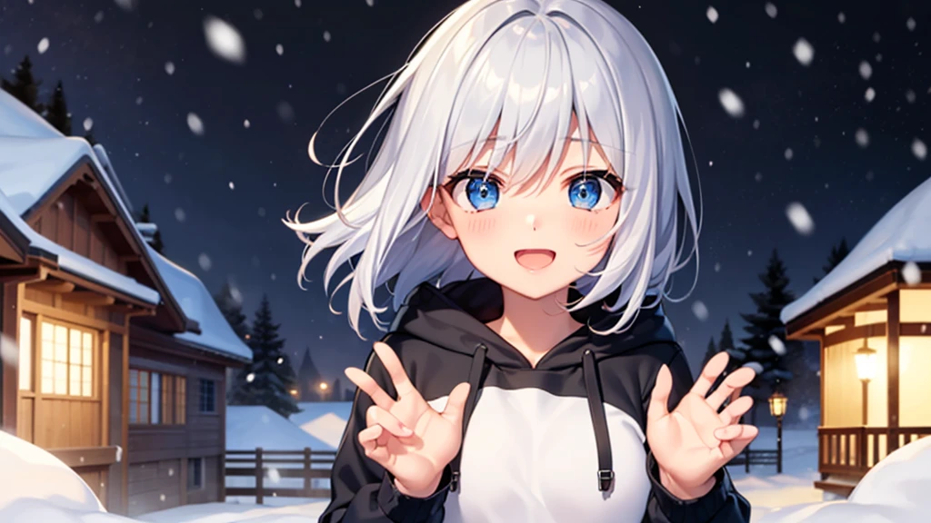 (muste piece: 1.2, highest quality), 1 female, alone, silver hair,show your shoulders,very short hair, long bangs between eyes, blue eyes,eyes are black, hoodie,gray hair, silver hair, hoodie, 白いフードhoodie、snow scene、laughter、Build a snowman、open your mouth、five fingers、it&#39;s snowing