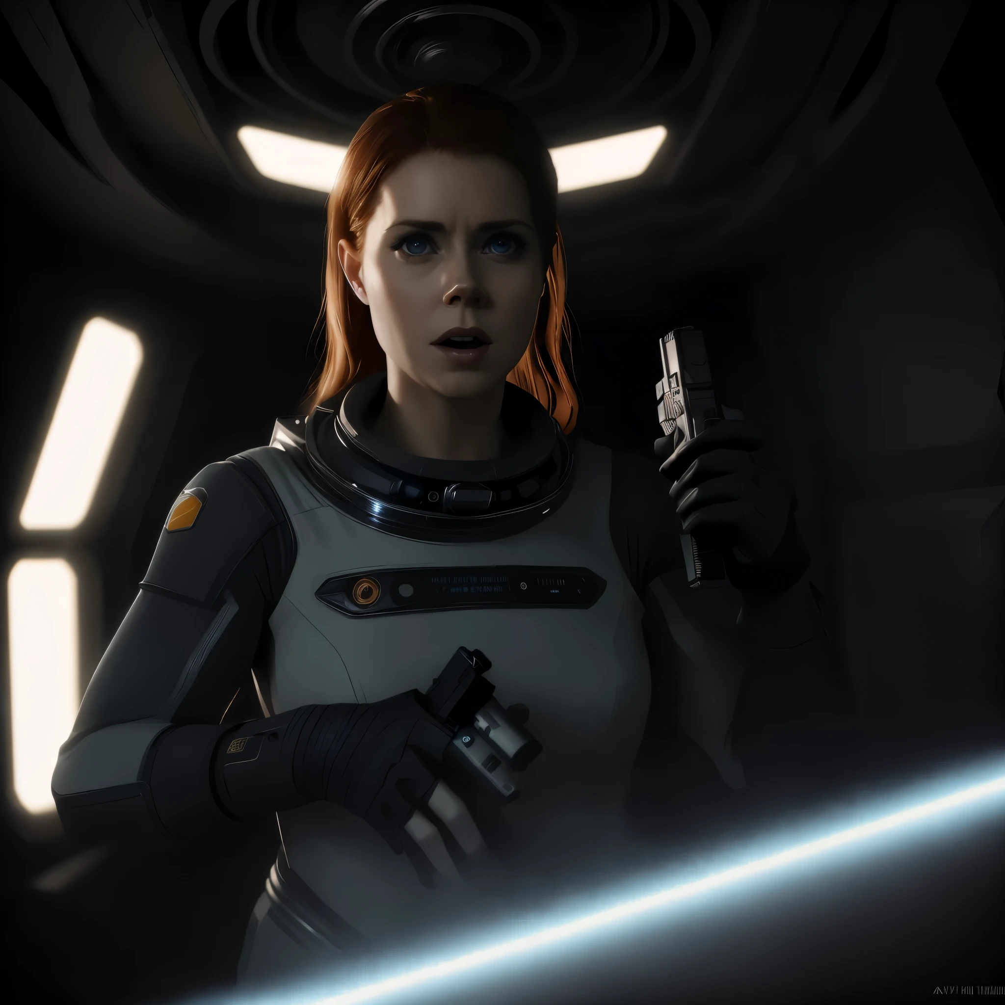 photorealistic photo of a Hot terrified Sci fi Amy adams holding a sci fi pistol on ishimura Horror Space Ship photography, natural light, photorealism, cinematic rendering, ray tracing, the highest quality, the highest detail, Cinematic, Third-Person View, Blur Effect, Long Exposure, 8K, Ultra-HD, Natural Lighting, Spooky mist Moody Lighting, Cinematic Lighting