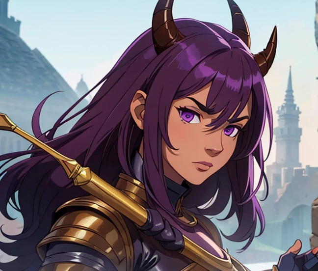 Female ogre, brown leather armor, single horn, beautiful face, wields a club, purple skin.