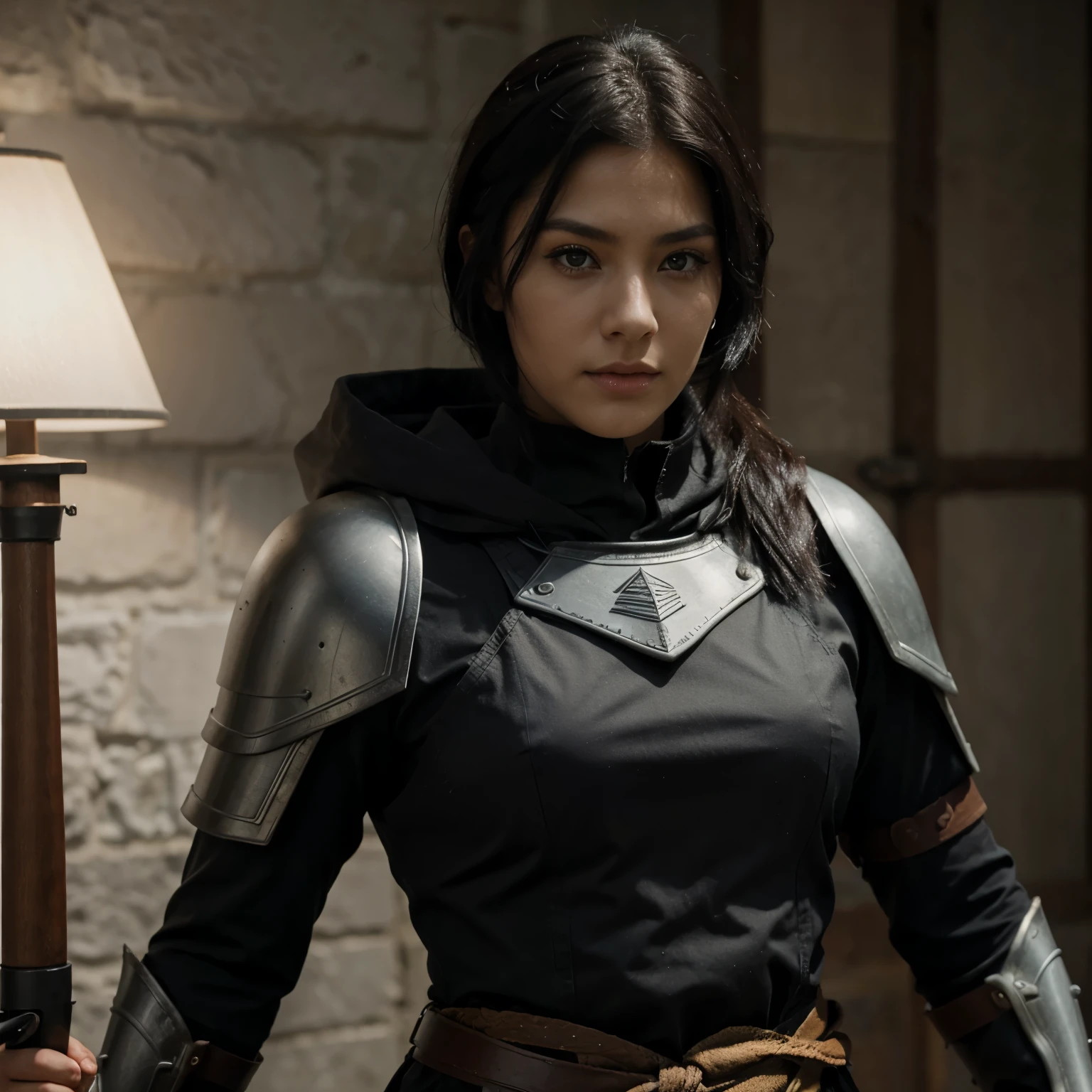 A Nordic spearwoman warrior woman with Korean eyes short black hair, carivante e habilidosa.