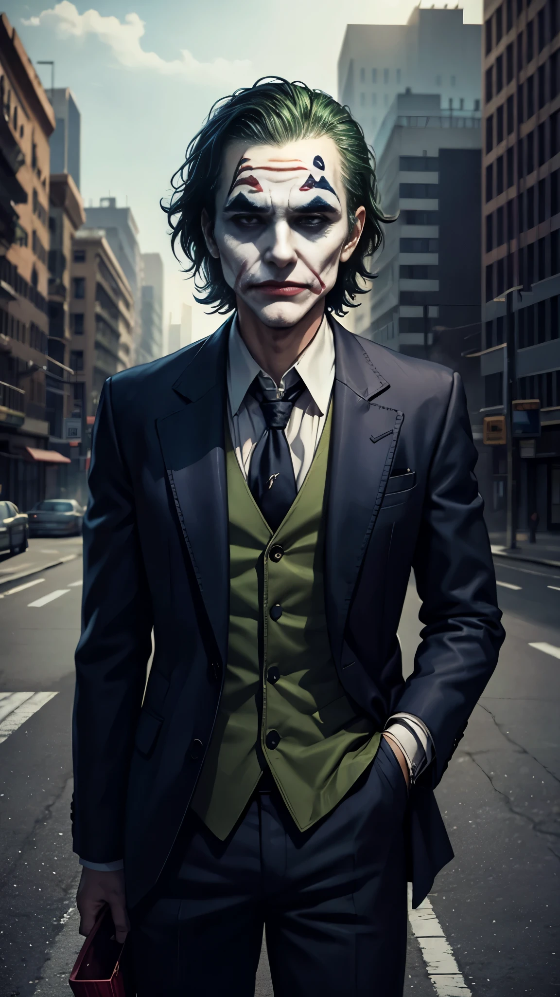 Realistic picture, Joker Smoking, sad face, behind is a deserted city.