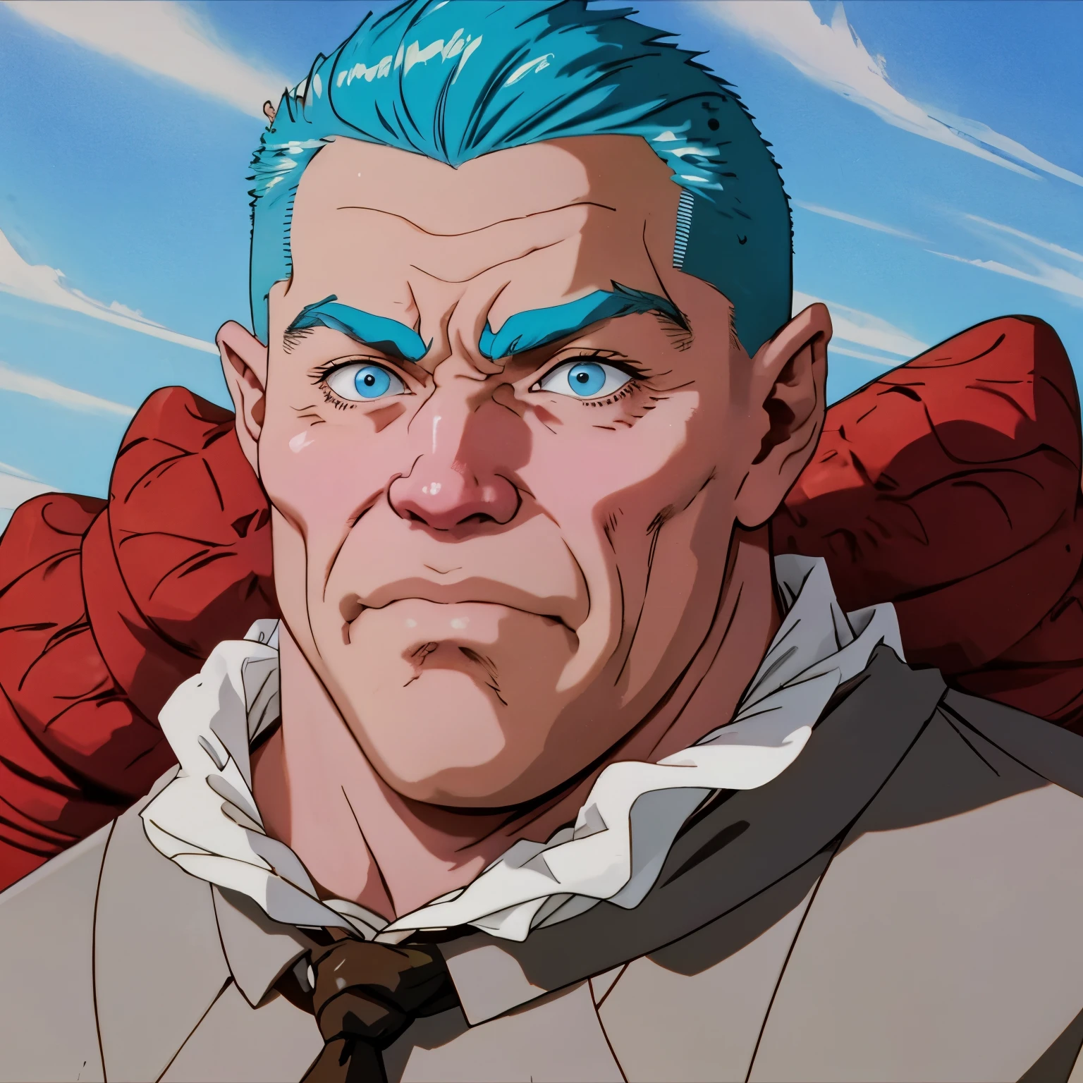 A grotesque, robust man with cyan hair