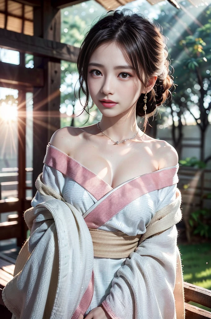 ((RAW shooting:1.5)), (photorealistic:1.5, muste piece:1.5, 8K), (highest quality, masterpiece, ultra high resolution), morning, Shrine precincts, ((fog the lens:1.4)), ((Shoot with blur:1.5)), ((sunrise, Sunlight coming in from behind:1.6, Strong sunlight spreads across the screen:1.6)), ((Strong sunlight shines on a woman:1.7)), ((The entire screen appears white and hazy due to strong sunlight.:1.8)), ((The woman looks blurry due to the strong sunlight:1.9)), Professional camera work:1.3, Highly detailed skin and facial texture:1.3, Grow Light Effect, super detail:1.3, 1 girl, fair skin, glossy skin, (Sense of clarity:1.4, small face), extremely beautiful face:1.5, (Sense of clarityを感じる目:0.9, looking far away), A smile:1.0, (mouth slightly open:0.4, Sense of clarityを感じる口当たり:0.7), double eyelid, Dark brown medium hair, necklace and earrings, (Wearing Kimono Correctly Off Shoulder)