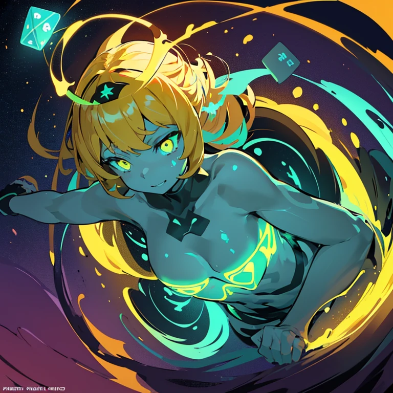 bouncing optical camouflage girl 、amazing dynamism、amazing angle、unstable buoyancy sandstorm、((((Lots of friendly pentagons floating and glowing to chase you))))((Surround each other with random color mural paint))、milk crown