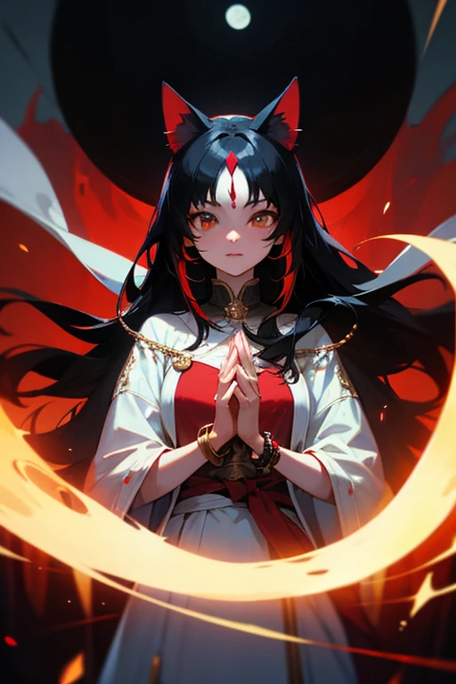 ultra-detailed, woman, cat ears, white eyes, black hair, long hair, wears white clothes with red decorations, wears a gold bracelet on her left hand, on her right hand she wears a red bracelet, the cloth is the moon , a face, ethereal lighting, mystical atmosphere, vibrant colors