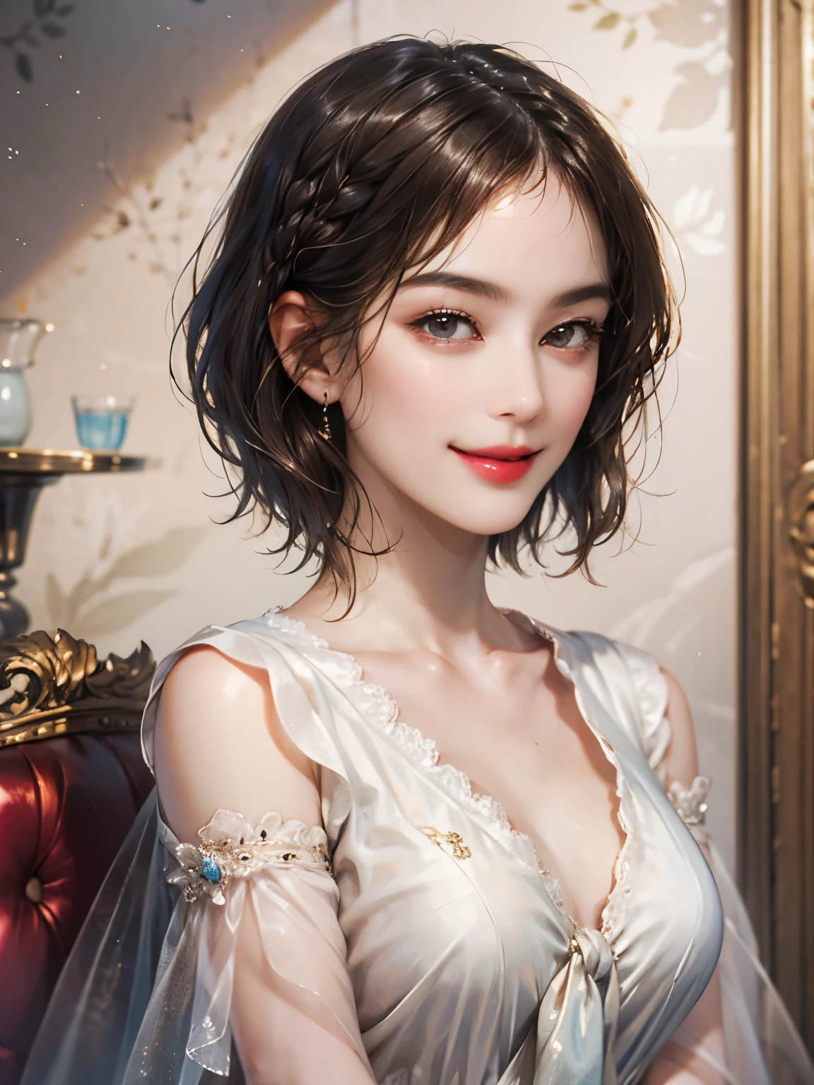 143
(20 year old woman), (surreal), (High level image quality), ((beautiful hairstyle 46)), ((short hair:1.46)), (gentle smile), (breasted:1.1), (lipsticks)