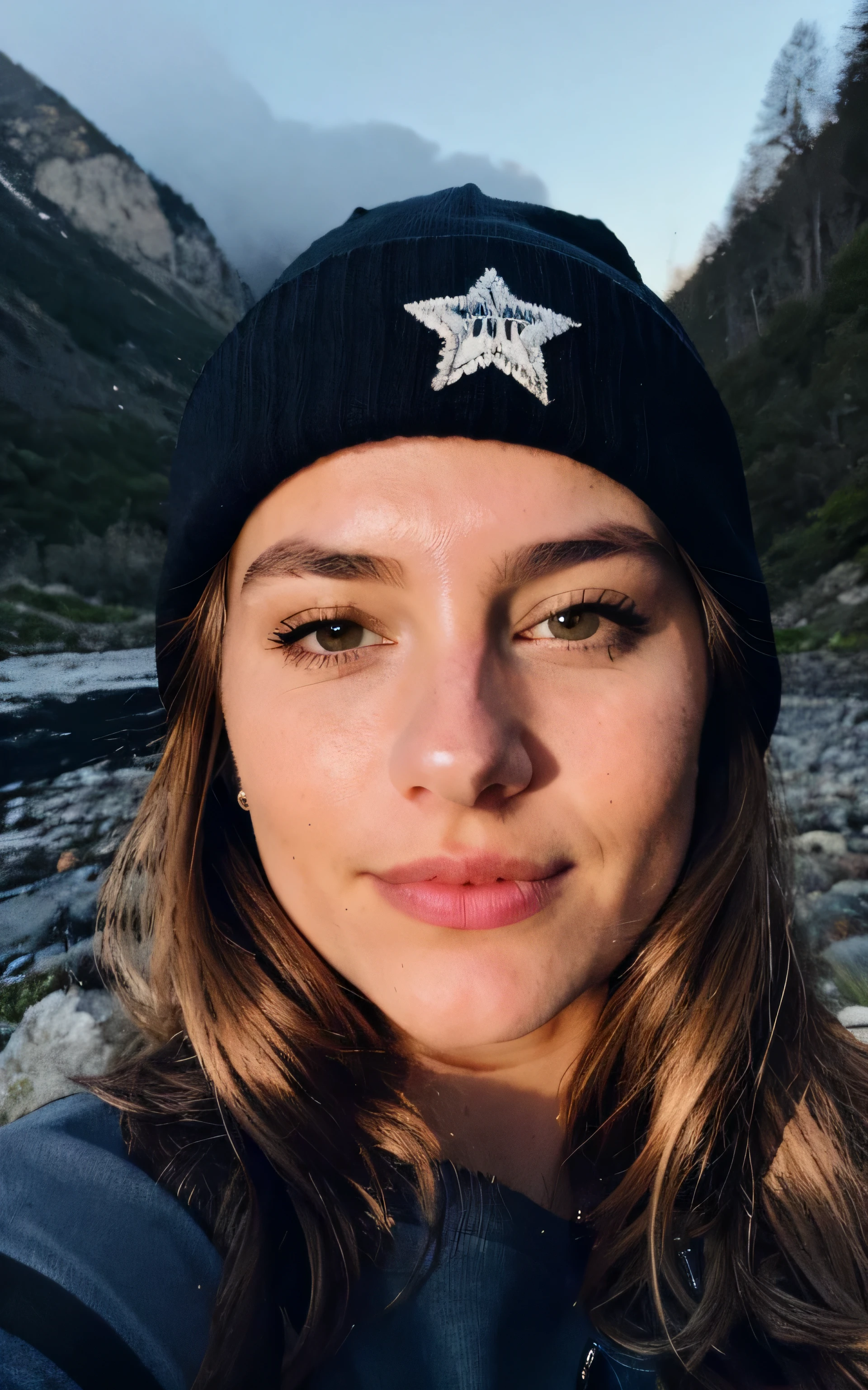photorealistic, best quality, hyper detailed, beautiful 20 year old woman, selfie photo, upper body, solo, wearing a dark blue combat shirt, outdoors, (night), mountains, real life nature, stars, moon, (cheerful, happy), sleeping bag, gloves, sweater, beanie, flashlight, forest, rocks, river, wood, smoke, fog, clear sky, analog style, looking at viewer, skin texture, film grain, close up, ultra high res, best shadow, RAW, instagram LUT, 