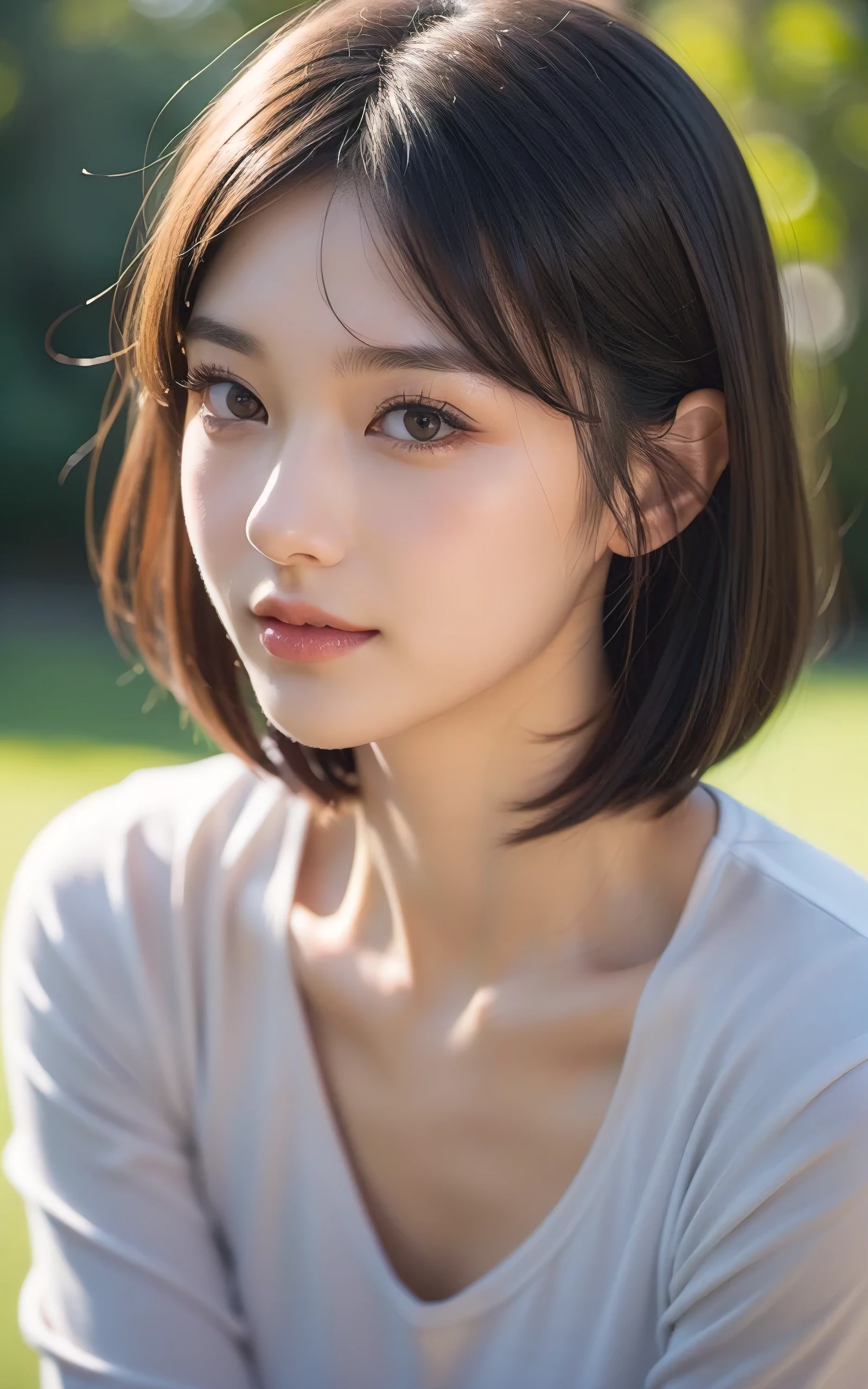 upper body shot、Front view、young beautiful japanese woman、12, gentle features、super cute face、glossy lips、double eyelids in both eyes、natural makeup, smile, long eyelashes are bright, Short bob hair tweeny smooth light brown hair、hair swaying in the wind, asymmetrical bangs、head frame、center image、8K、high detail、detailed hairstyle、detailed face、epic movie lighting、octane rendering、vibrant、surreal、perfect limbs、perfect anatomy