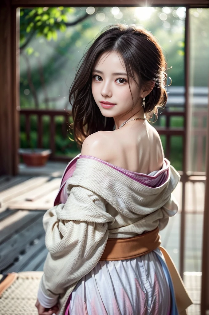 ((RAW shooting:1.5)), (photorealistic:1.5, muste piece:1.5, 8K), (highest quality, masterpiece, ultra high resolution), morning, Shrine precincts, ((fog the lens:1.4)), ((Shoot with blur:1.5)), ((sunrise, Sunlight coming in from behind:1.6, Strong sunlight spreads across the screen:1.6)), ((Strong sunlight shines on a woman:1.7)), ((The entire screen appears white and hazy due to strong sunlight.:1.8)), ((The woman looks blurry due to the strong sunlight:1.9)), Professional camera work:1.3, Highly detailed skin and facial texture:1.3, Grow Light Effect, super detail:1.3, 1 girl, fair skin, glossy skin, (Sense of clarity:1.4, small face), extremely beautiful face:1.5, (Sense of clarityを感じる目:0.9, looking far away), A smile:1.0, (mouth slightly open:0.4, Sense of clarityを感じる口当たり:0.7), double eyelid, Dark brown medium hair, necklace and earrings, (Wearing Kimono Correctly Off Shoulder)