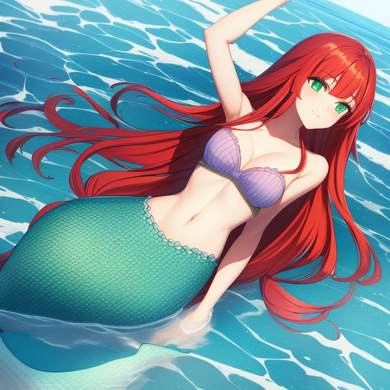 best quality, mermaid, long hair, red hair, green eyes, water,