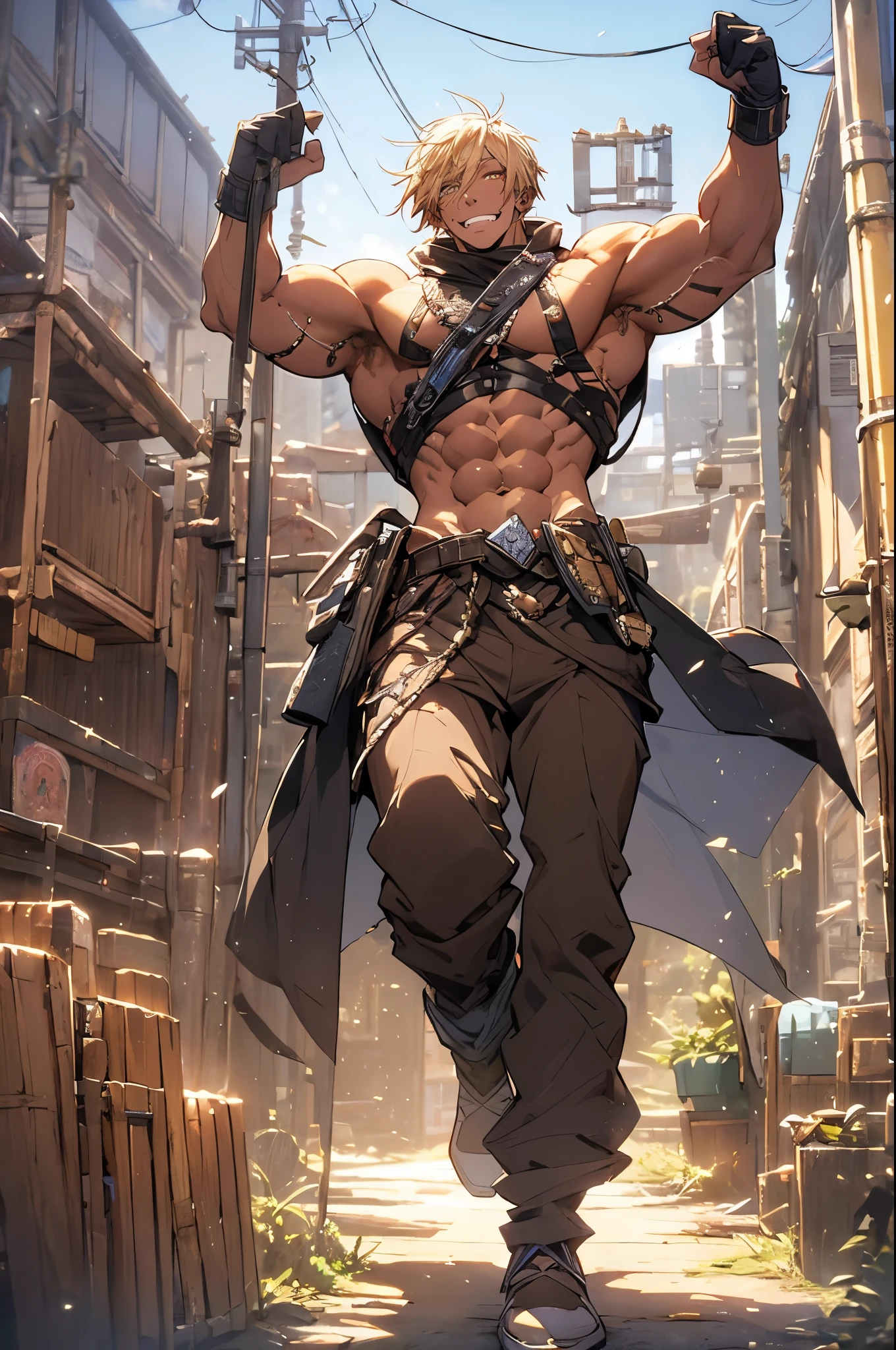 8K, Best Quality, Masterpiece, Ultra High Resolution, fantasy, guy, (medium length hair,) crystal eyes, 1man, intimidating, Blonde hair, ear piercings, medium length hair, badass, muscular build, manly, bandit guy, young man, bandit outfit, outside, out in the wastelands, industrial area, in a wasteland, badlands, bandits land, barrens, wilderness, outback, wearing a bandits outfit, tall man, very tall man, big muscles, broad shoulders, standing outside a workshop, sitting down