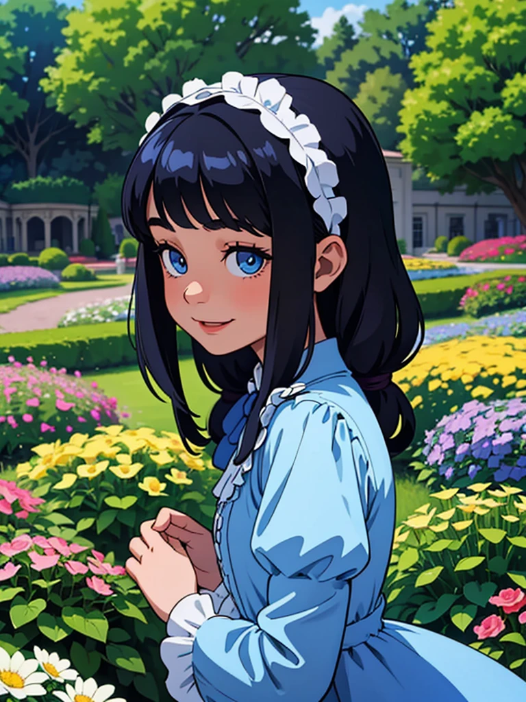A little girl playing in a flowery garden, smiling, in a Victorian mansion, this little girl has blue-black hair, is a small child, full-bodied, slim, has blue eyes, noble dress, Victorian style, long slightly curly hair, with fringes.