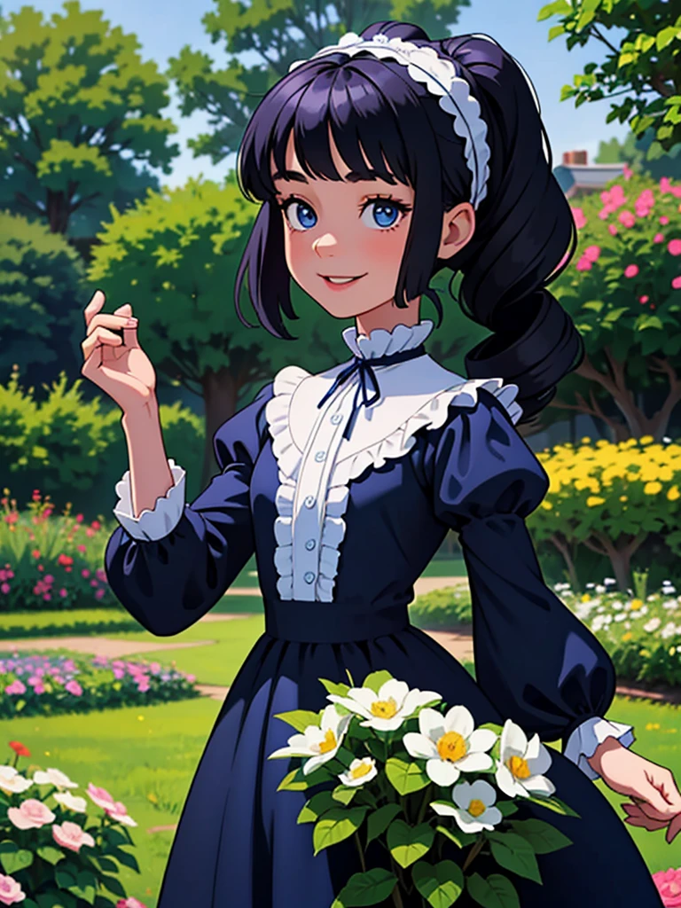 A little girl playing in a flowery garden, smiling, in a Victorian mansion, this little girl has blue-black hair, is a small child, full-bodied, slim, has blue eyes, noble dress, Victorian style, long slightly curly hair, with fringes.
