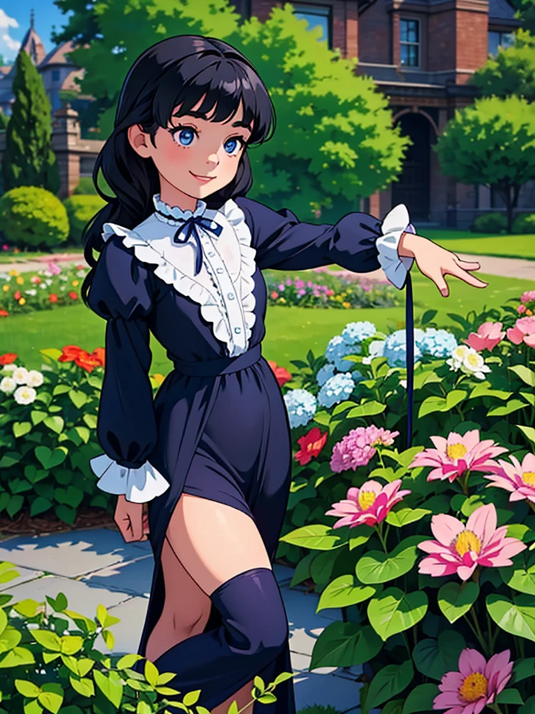 A  girl playing in a flowery garden, smiling, in a Victorian mansion, this littlehas blue-black hair, is a small child,d, slim, has blue eyes, noble dress, Victorian style, long slightly curly hair, with fringes.