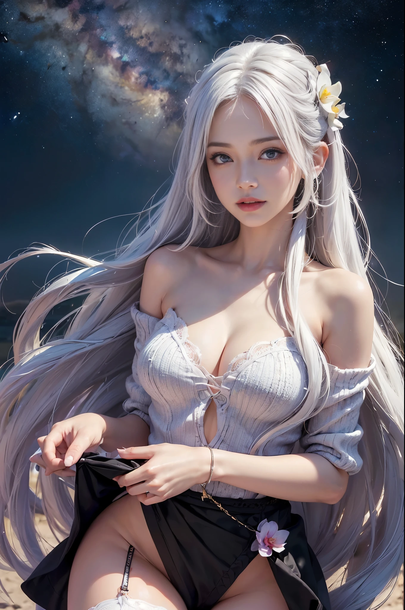 ((tmasterpiece:1.4)、(quality:1.4)、(Realistic:1.7))、Royo(Royo)Surreal portrait of a beautiful girl、A super beautiful girl、((1 girl in:1.4))、Glowing and natural looking skin texture、Author: Royo(Royo)、19years old、(Two arms:1.4、Two legs:1.4)、(perfect anatomia:1.4)、(Perfect female body:1.4)、A portrait photo of a girl、Closeup photo body shot:1.4), (Highest quality:1.4), (actual:1.7), Royo, beuaty girl, A super beautiful girl, ((1 girl in:1. 4), Glowing and natural looking skin texture, Author: Royo, 19years old, (Perfect female body: 1.4), (Perfect female body: 1.) 4), A portrait photo of a girl, Close-up photo body photo), Fantasyart, soft front lighting, beautifull expression, Kawaii face, The beautiful, Large full-breasted: 1. 2, Beautiful buttocks, Fine Eye, Clear and eye-catching, Beautiful and, pretty eyes, big breasts thin waist, RAW photogr, Redlip, ((White hair, long whitr hair)) , 1 screen view, ),((Off-the-shoulder hand-knitted sweater))、((Black tight skirt))、 (sexyposture), (Milky Way in the sky),((T-back garters and garters))、(A smile)、((an orchid flower))、((The erection))