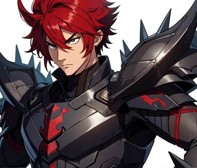 Male, human, black dragon armor, spiky red hair.