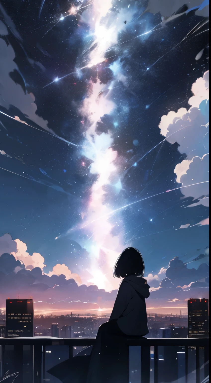 High resolution 8K, no, bright light, Octan, sky, star (sky), view, starry sky, nighttime, 1 girl, nighttime sky, alone, outdoor, signature, building, Cloud, galaxy, sit, tree, long hair, city, Silhouette, cityscape, short bob hair, black hair