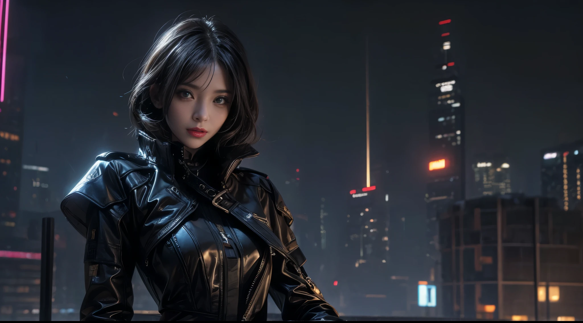 masterpiece，quality，Best quality，official art，（Beauty and aesthetics：1.2），（masterpiece：1.3），The cities of the future，cyberpunk characters，a girl，tight leather clothes，did not wear underwear，Sexy figure，looking at camera，（close up：1.8），volume fog，rain，dramatic，night