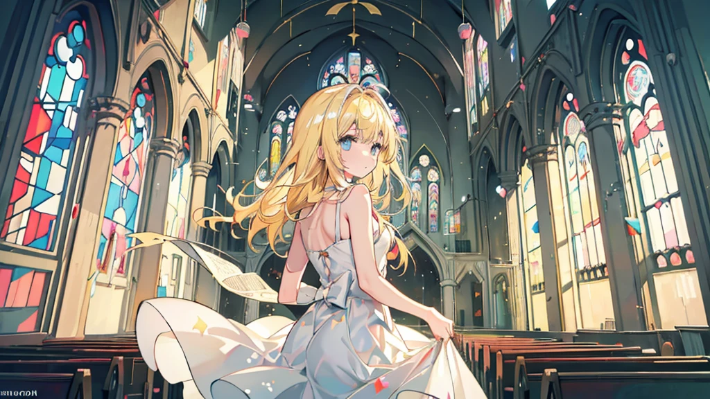 (1 girl, blonde hair, white sundress, kawaii), (abandoned church, stained glass)