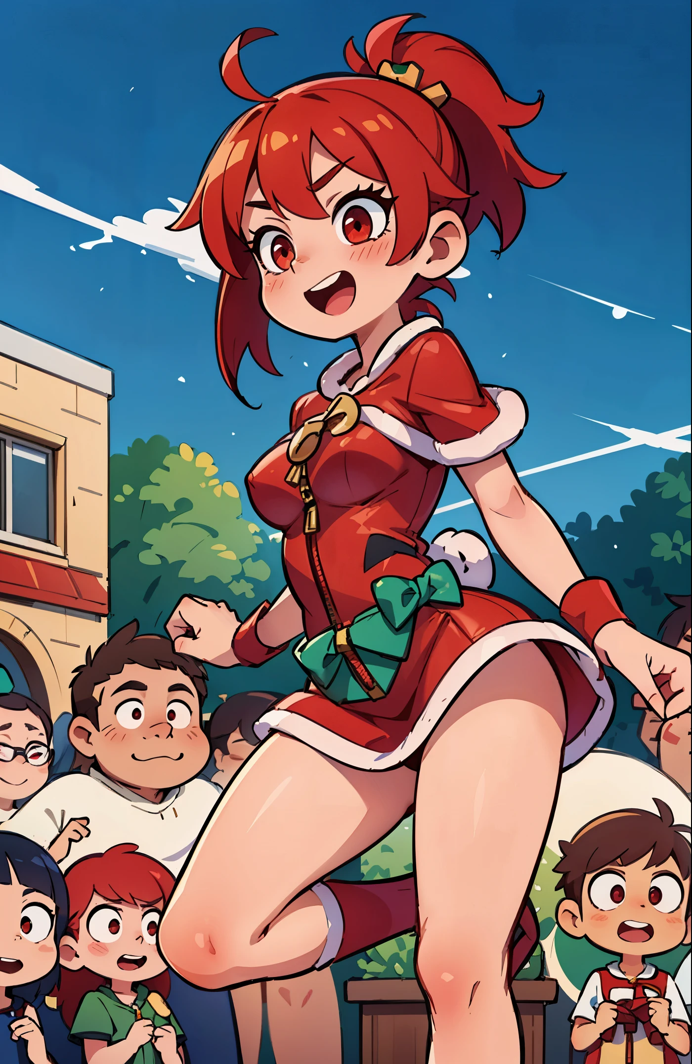 ((Best quality, masterpiece)),(( red hair and eyes, short hair)),((Red eyes) ), ((Sticker with die cut)),(medium breast:1.3),::5],((Santa Claus Dress)),(Solid outline:1.2), chibi, 1 girl, Raiden Shogun \(Genshin Impact\), virgin,  hair ponytail)),((cheerful, blush):1.1), ,(((In crowd))), ((Spectator between legs)), (Aprubasha),, ((red school skirt with zipper)), (((covers his groin with a skirt))), (((in move))) , (((fully dressed)) 
