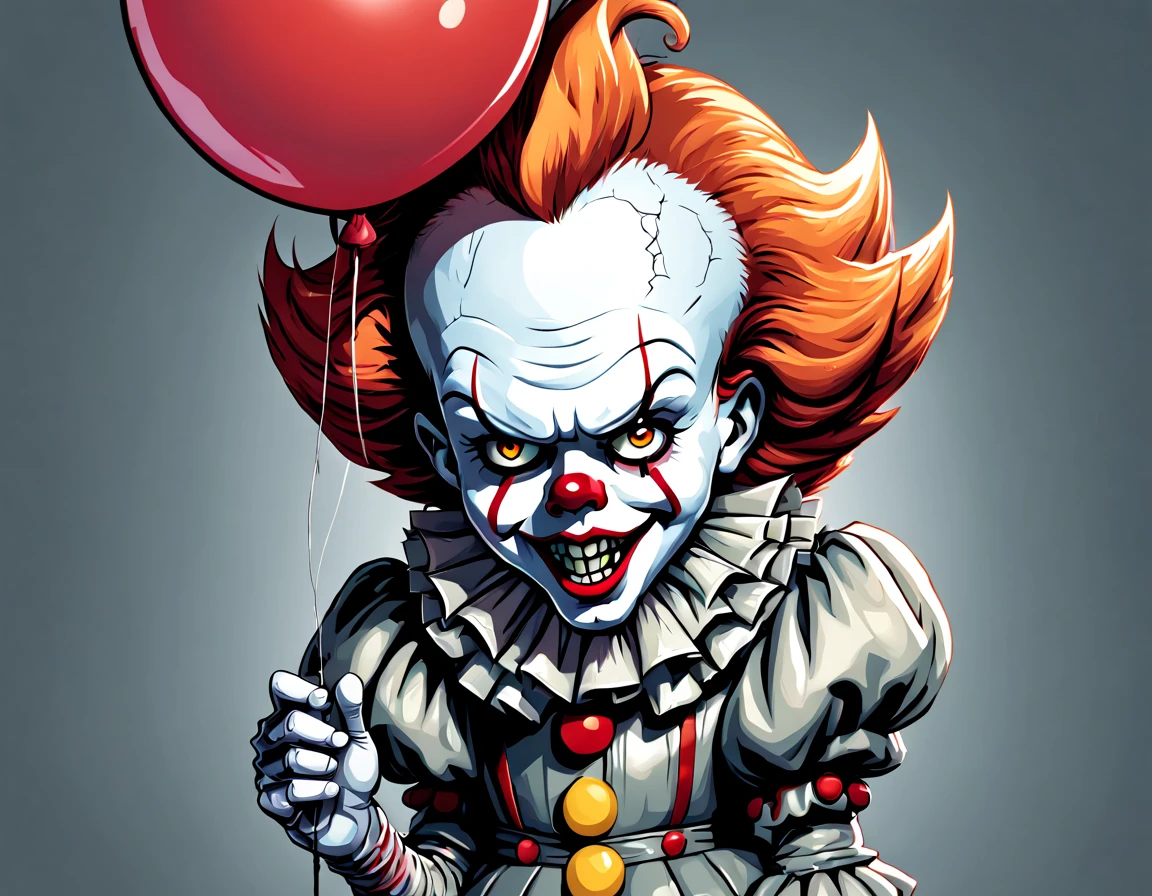 Pennywise with a spiked balloon, in cartoon art style