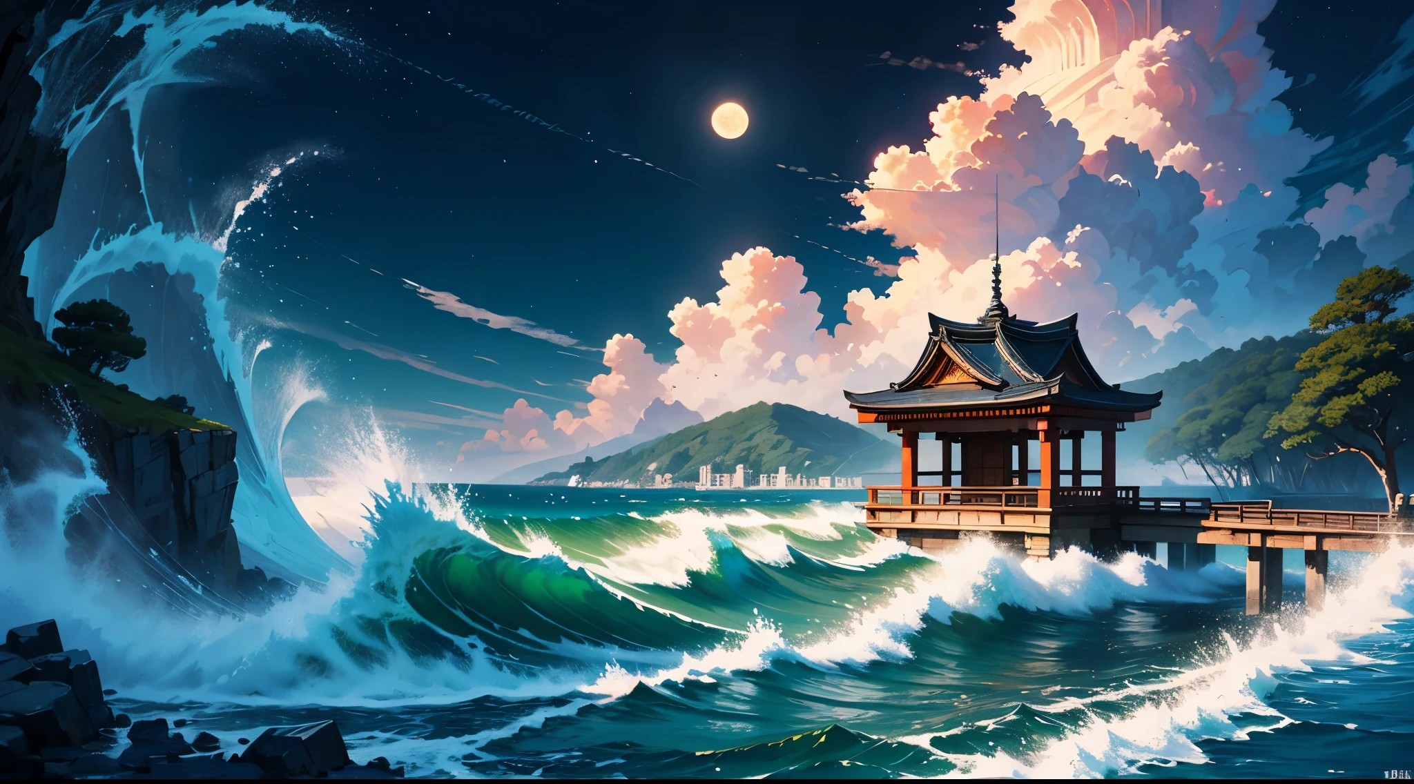 best quality、muste piece、8K、Landscape painting、torii、Ocean:1.2、Rough seas:1.2、full moon
