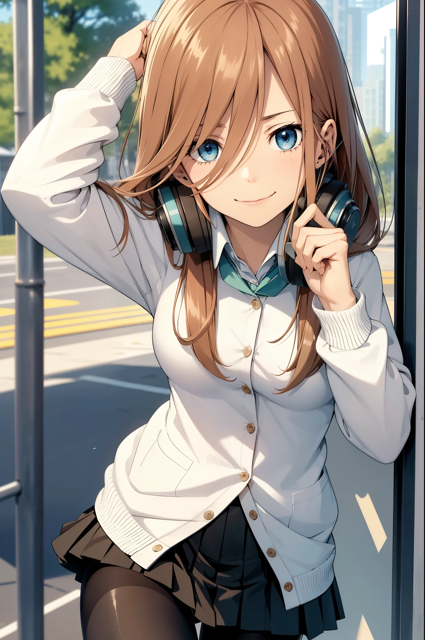 (masterpiece), best quality, expressive eyes, perfect face, highres, 1 girl, solo, miku nakano, long hair, bangs, blue eyes, brown hair, shirt, hair between eyes, headphones, cardigan, headphones around neck, skirt, shirt, long sleeves, white shirt, pantyhose, pleated skirt, black pantyhose, cardigan, green skirt, blue cardigan, outdoor, schoolyard, smiling, leaning forward, pointing at viewer,index finger raised, standing, portrait, looking at the viewer, from frontal