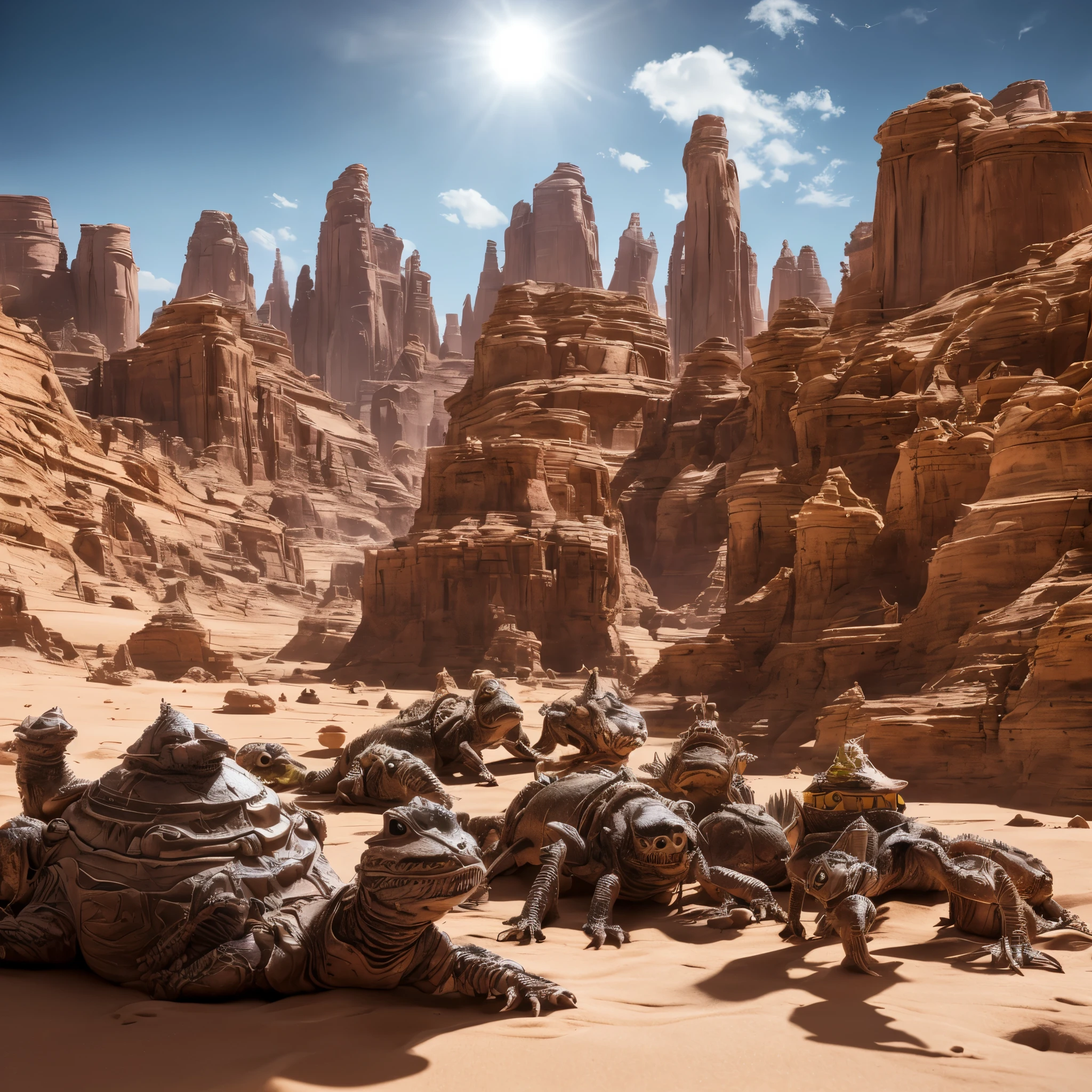 planet Tattooine,deep sand stone canyon,alien lizards with man frills,bright colors,huge eyes,many sharp teeth,fight over a nest of bugs,(best quality,4k,8k,highres,masterpiece:1.2),ultra-detailed,(realistic,photorealistic,photo-realistic:1.37),portrait,landscape,vivid colors,bokeh,warm color tones,dramatic lighting.