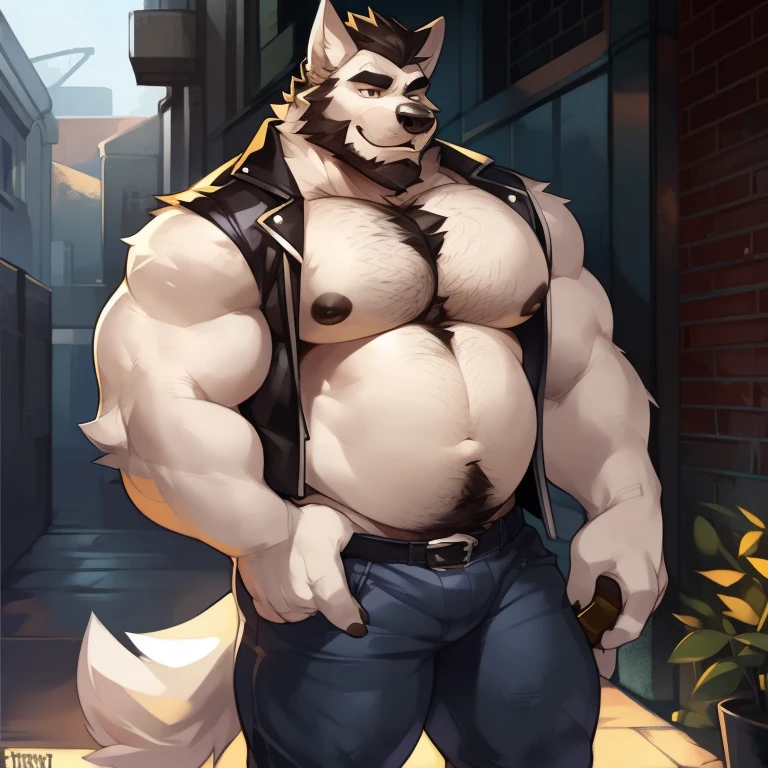 Solo, male, buff white wolf, strong muscles, muscle stomach, six pack stomach, alleyway, plants, by mystikfox61, by glitter trap boy, by darkgem, muscular, body hair, very hairy, dilf, beard, black chest hair, white fur, black jacket, blue jeans, brown eyes, big pecs, nipples, skinny stomach, no belly, body builder, black chest hair, black beard