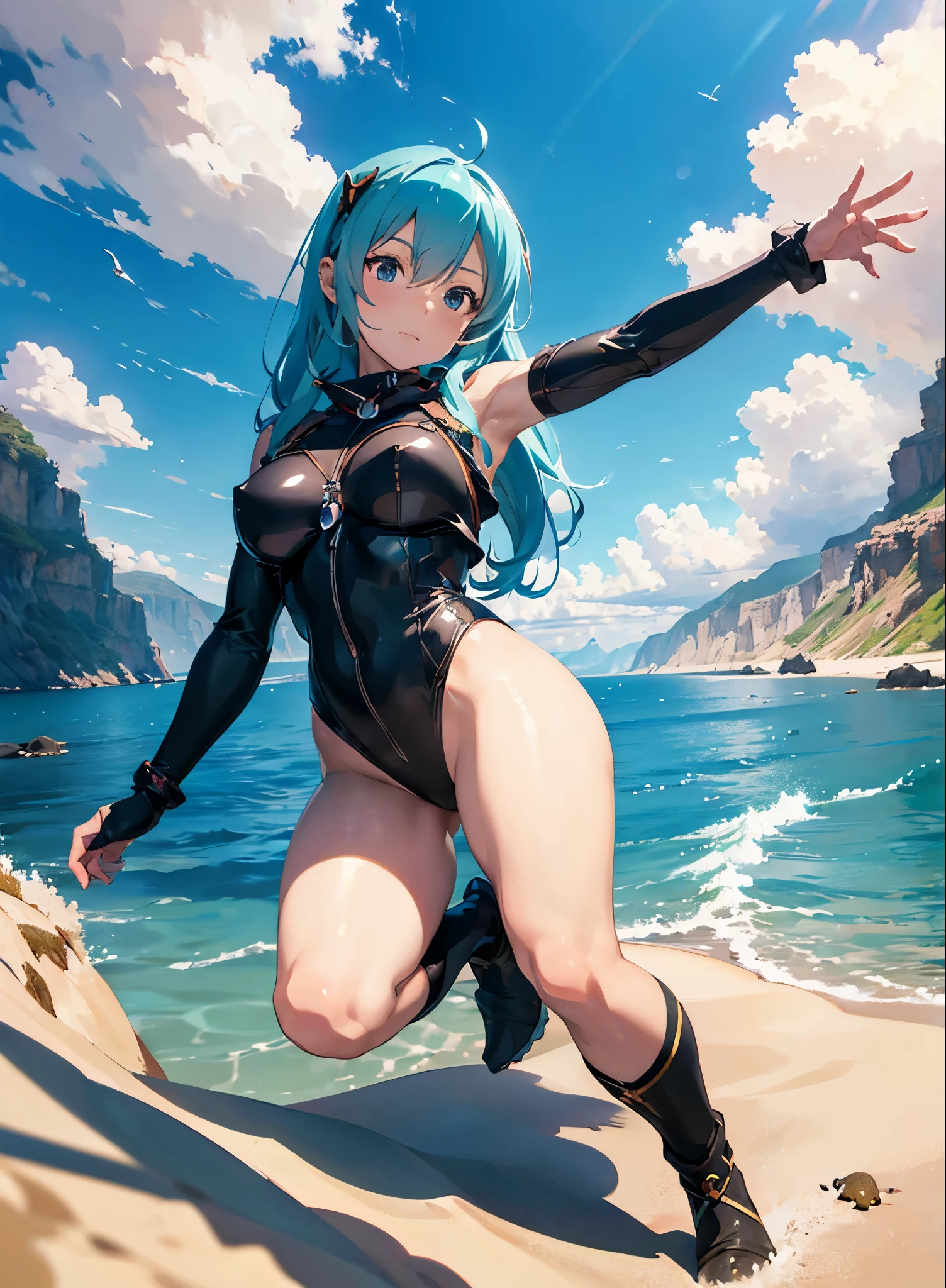 (dynamic angle:1.4), ((full body pose:1.5),2. 5 d cgi anime fantasy artwork, official character art, Kushart Krenz Key Art Feminine, shadowverse character concept, 3 d render official art, anime goddess, jrpg character art, render of a cute 3d anime girl,Hatsune Miku,Swim with dolphins on the ocean floor,beautiful breasts,Diving suit,snorkel,Sand