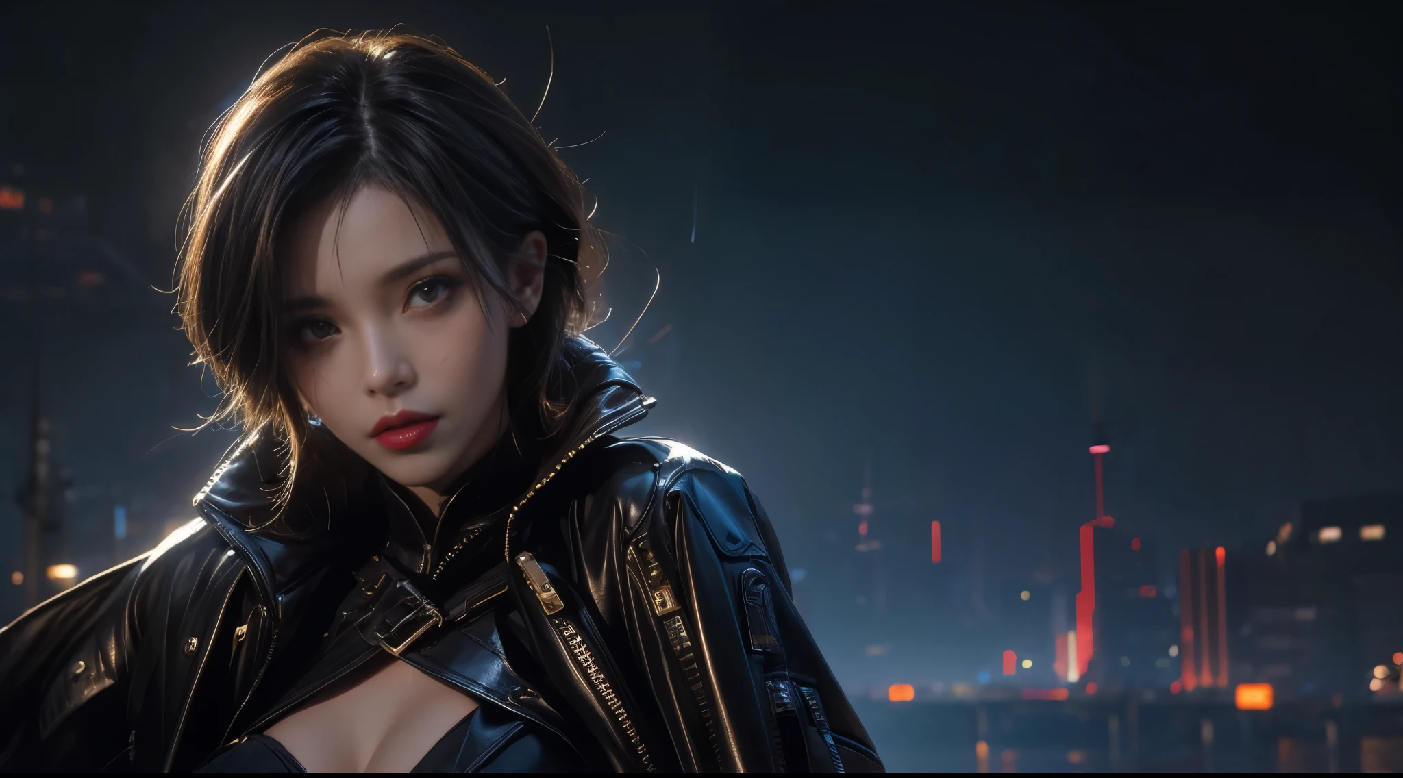 masterpiece,quality,Best quality,official art,(Beauty and aesthetics:1.2),(masterpiece:1.3),The cities of the future,cyberpunk characters,a girl,sexy leather clothes,looking at camera,(close lens:1.8),volume fog,rain,night,dramatic