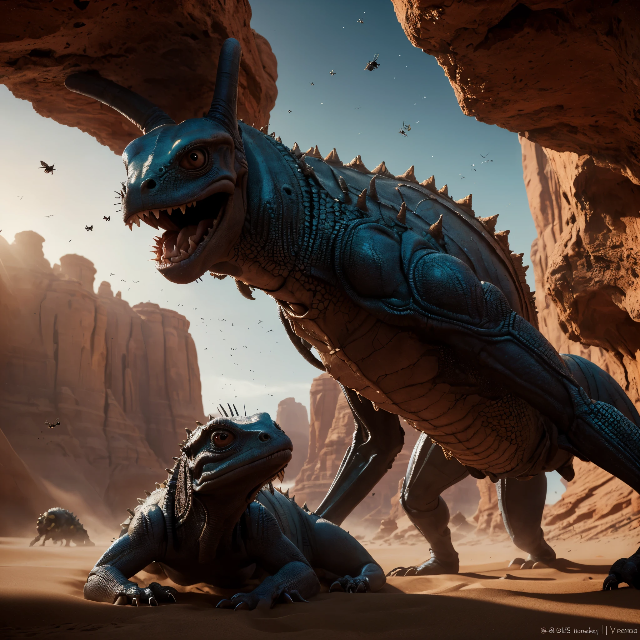 planet Tattooine,deep sand stone canyon,alien lizards with many frills,bright colors,huge eyes,many sharp teeth,fight over a nest of bugs,(best quality,4k,8k,highres,masterpiece:1.2),ultra-detailed,(realistic,photorealistic,photo-realistic:1.37),portrait,landscape,vivid colors,bokeh,warm color tones,dramatic lighting.