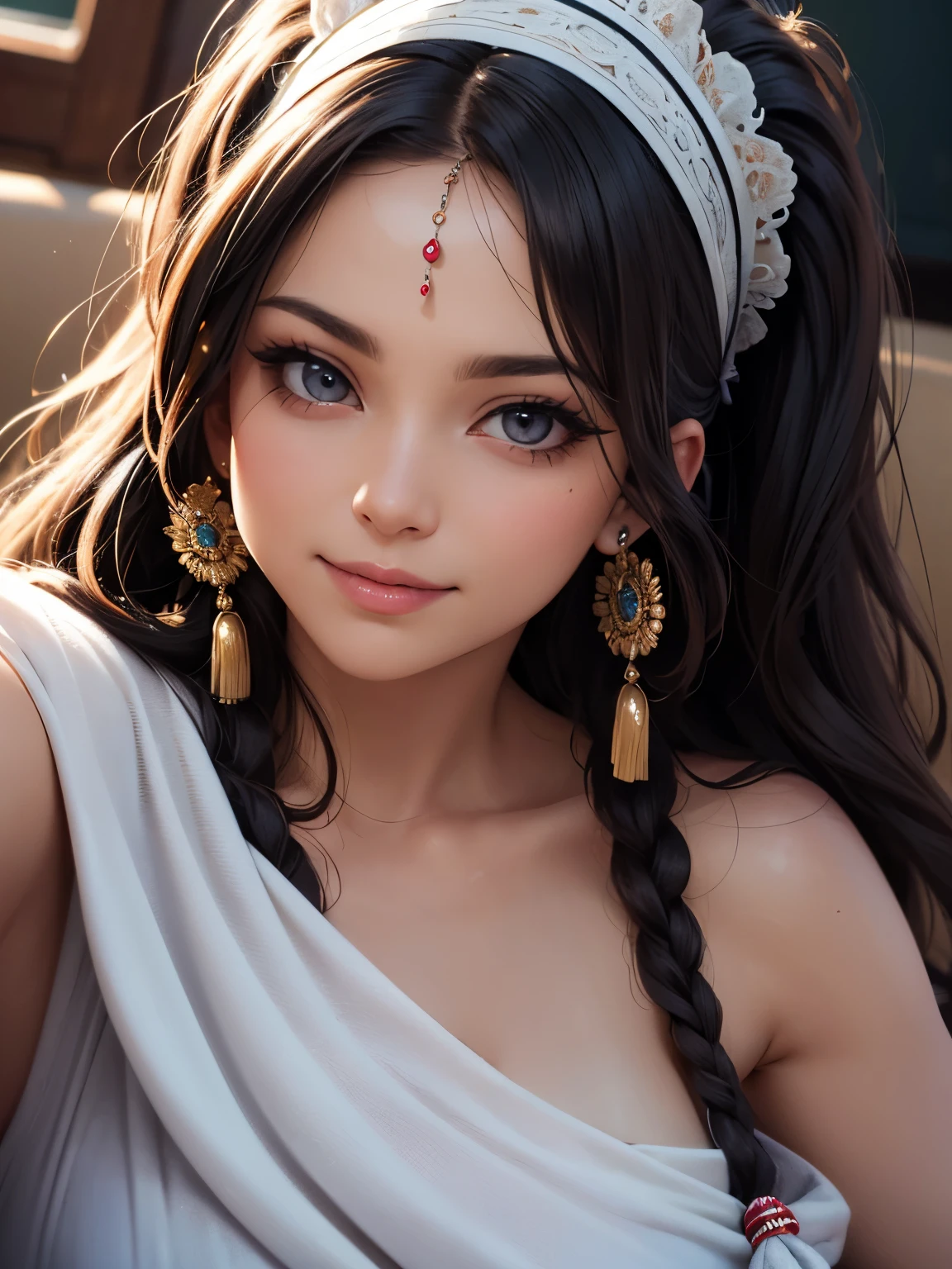 ((best quality)), ((masterpiece)), (detailed), (close up), (headshot), perfect face beautiful African woman with beaded dreads laying on her shoulders, looking over her shoulder smiling, HDR, 4K, 3D