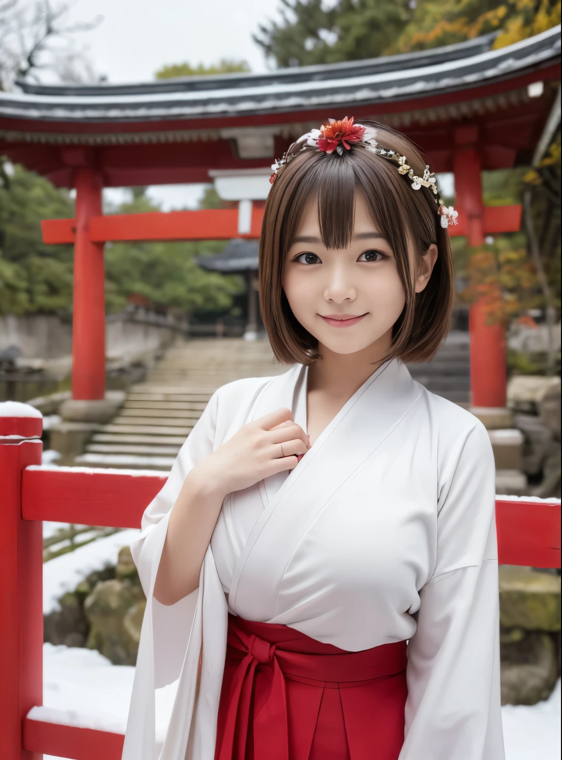  shrine、sunny winter weather、the leaves wither and fall、The surrounding area is snowy、snow-covered plants、Japanese clothing、plain white kimono、The skirt part is red、miko、Standing in front of the torii gate with the shrine behind、 Sakimi-chan,, nice and cute, innocent smile,  , nice smile, Sakimi-chan HDRI、****************、,(Big breasts that are about to burst:1.20),(beautiful big breasts 1:1)、brown hair、brown hairの髪、flower decoration on head、beautiful eyes、*********** with short bob